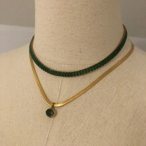 Gold Snake Necklace with Faux Emerald Charm